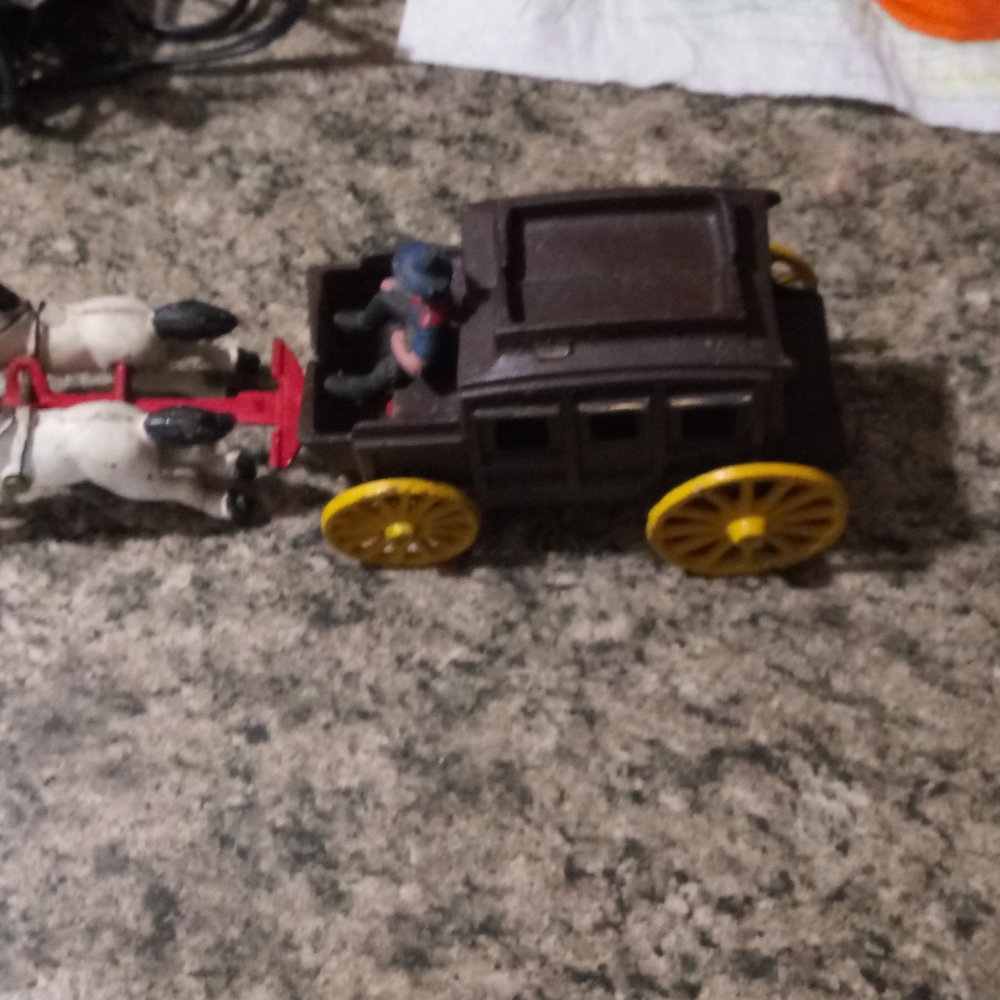 VINTAGE CAST IRON TWO HORSES WAGON AND COWBOY